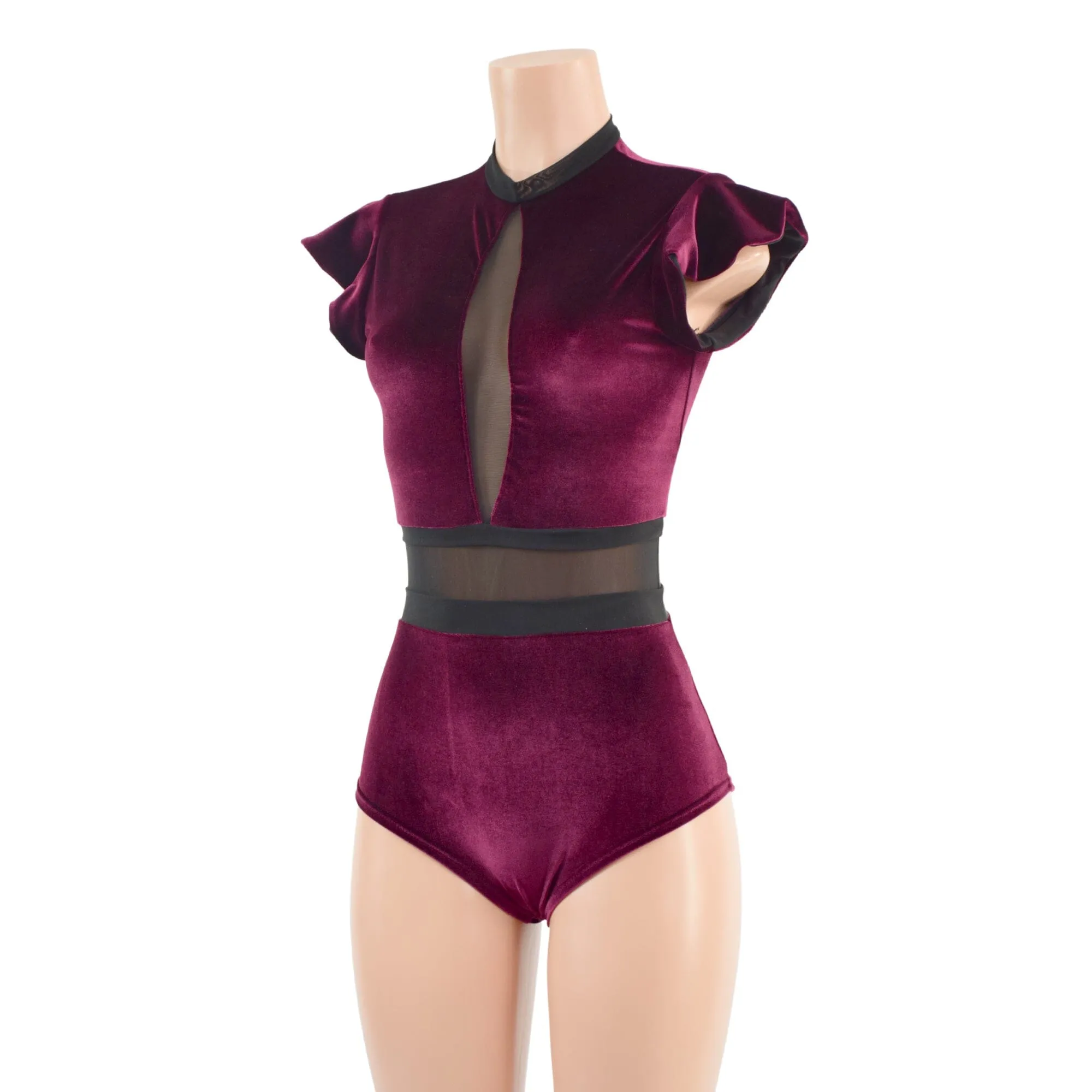 Burgundy Velvet and Mesh Romper with Inset Mesh Keyhole Neckline