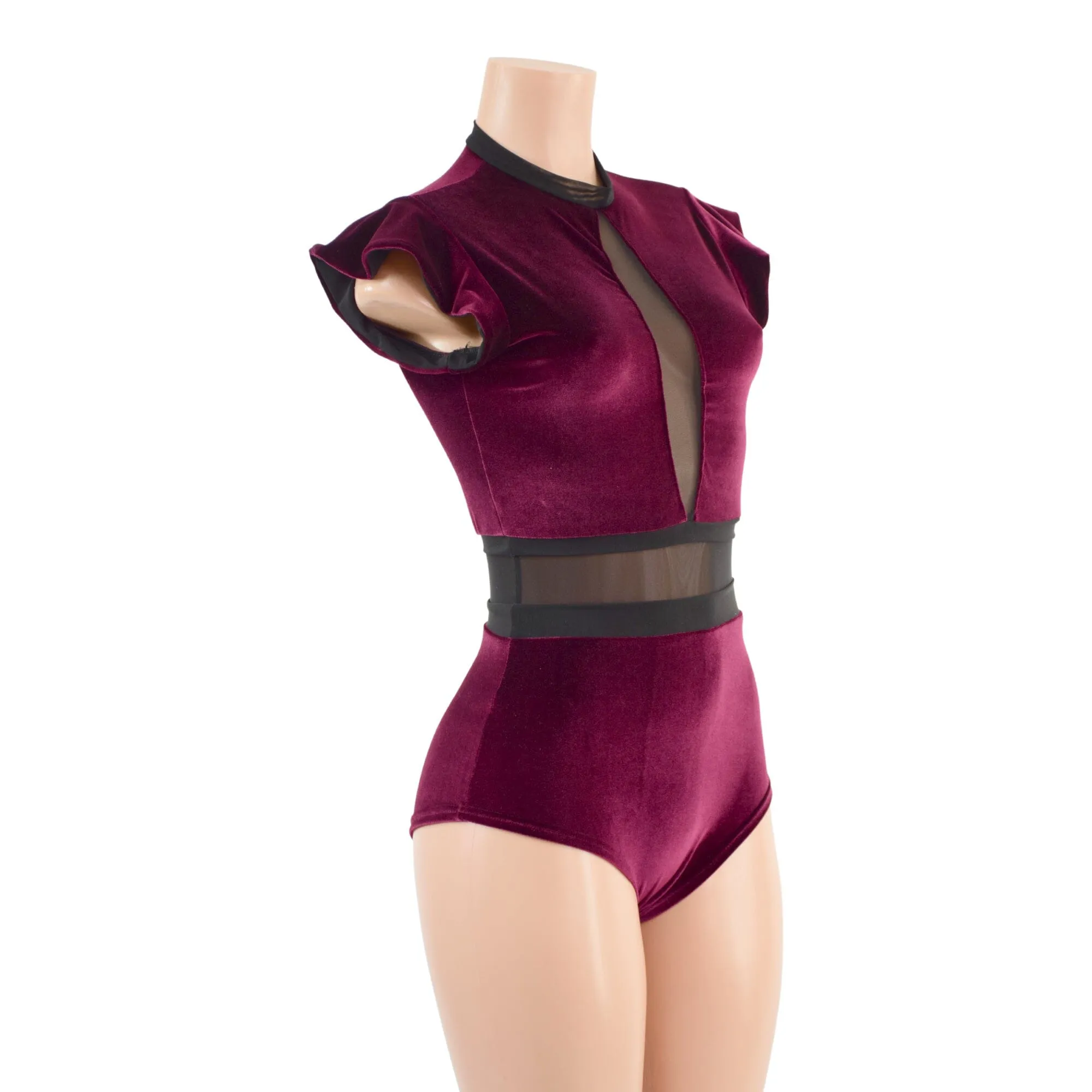 Burgundy Velvet and Mesh Romper with Inset Mesh Keyhole Neckline