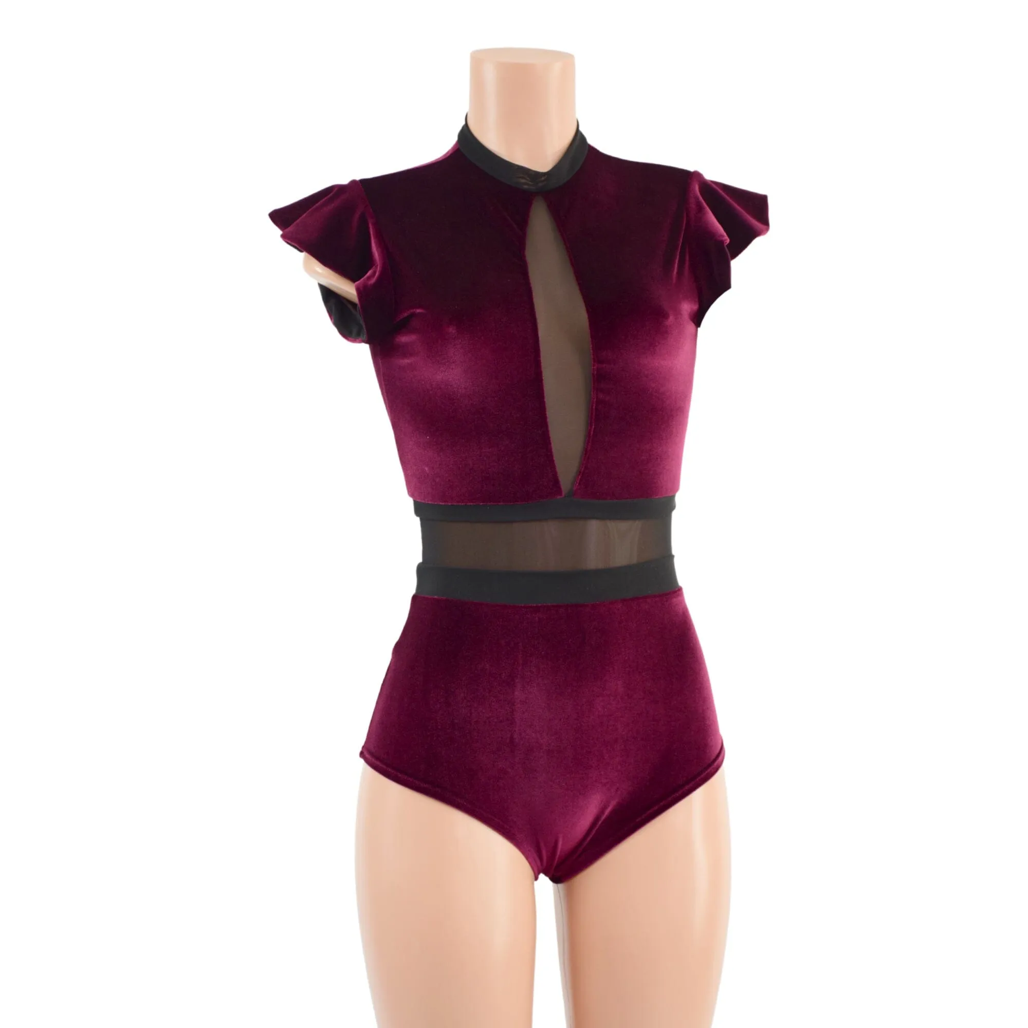Burgundy Velvet and Mesh Romper with Inset Mesh Keyhole Neckline