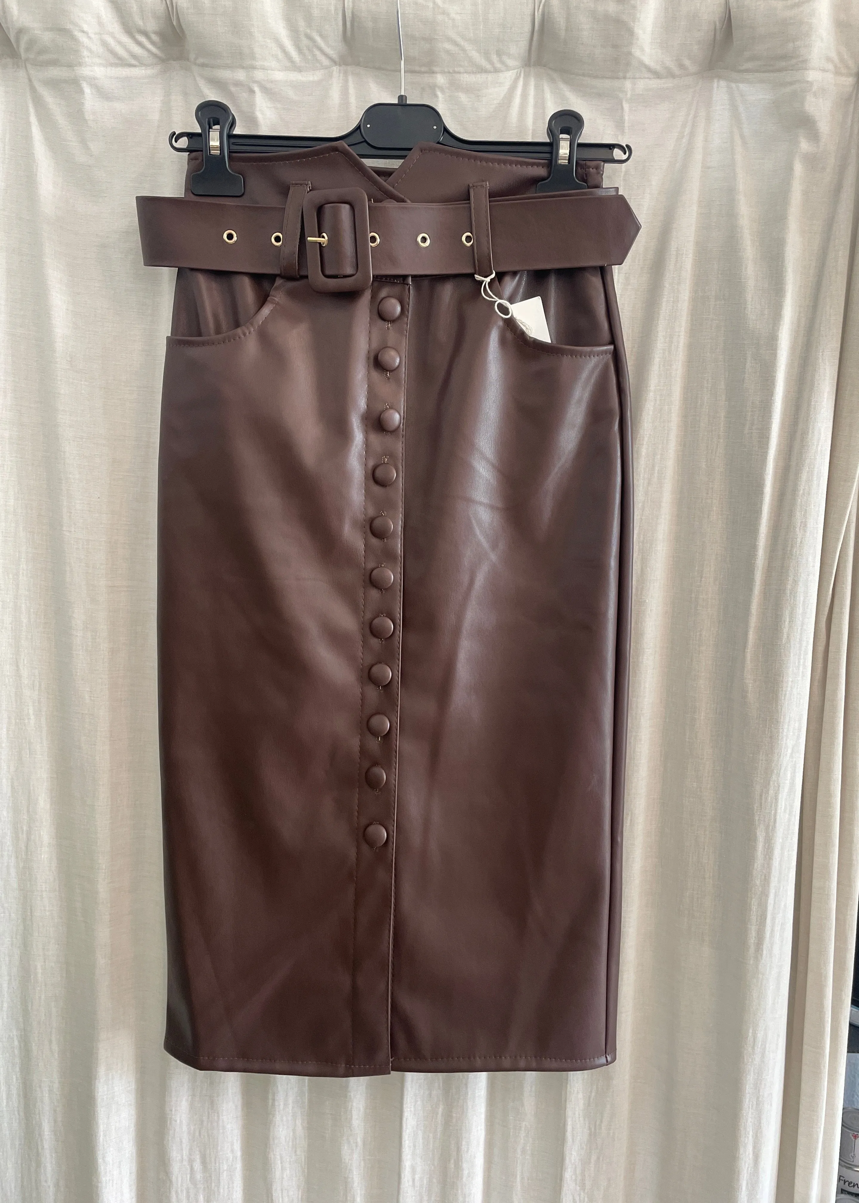 Button Down PVC Pencil Skirt