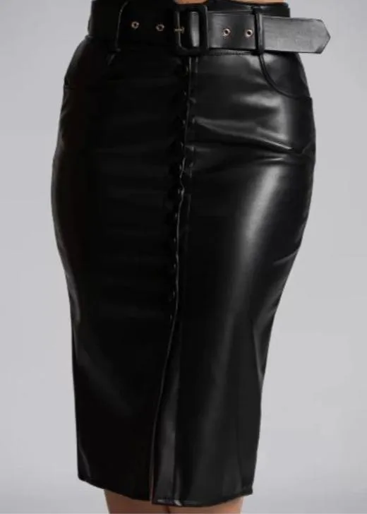 Button Down PVC Pencil Skirt