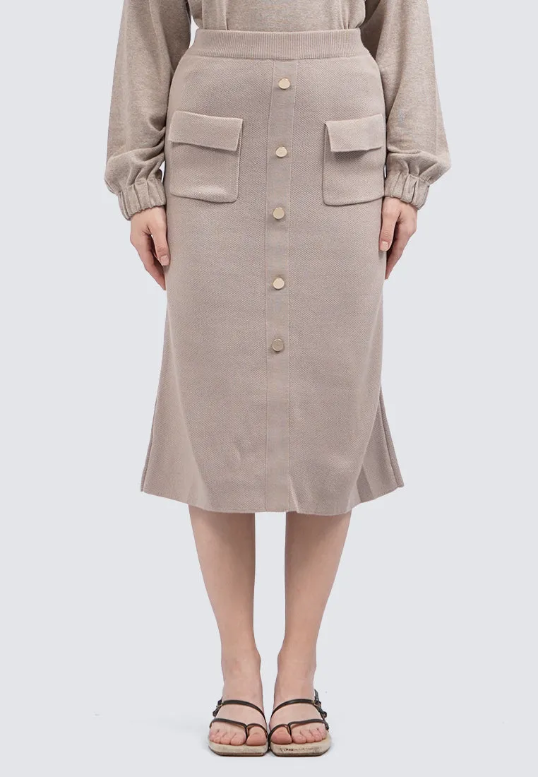 Buttoned Knit Midi Skirt