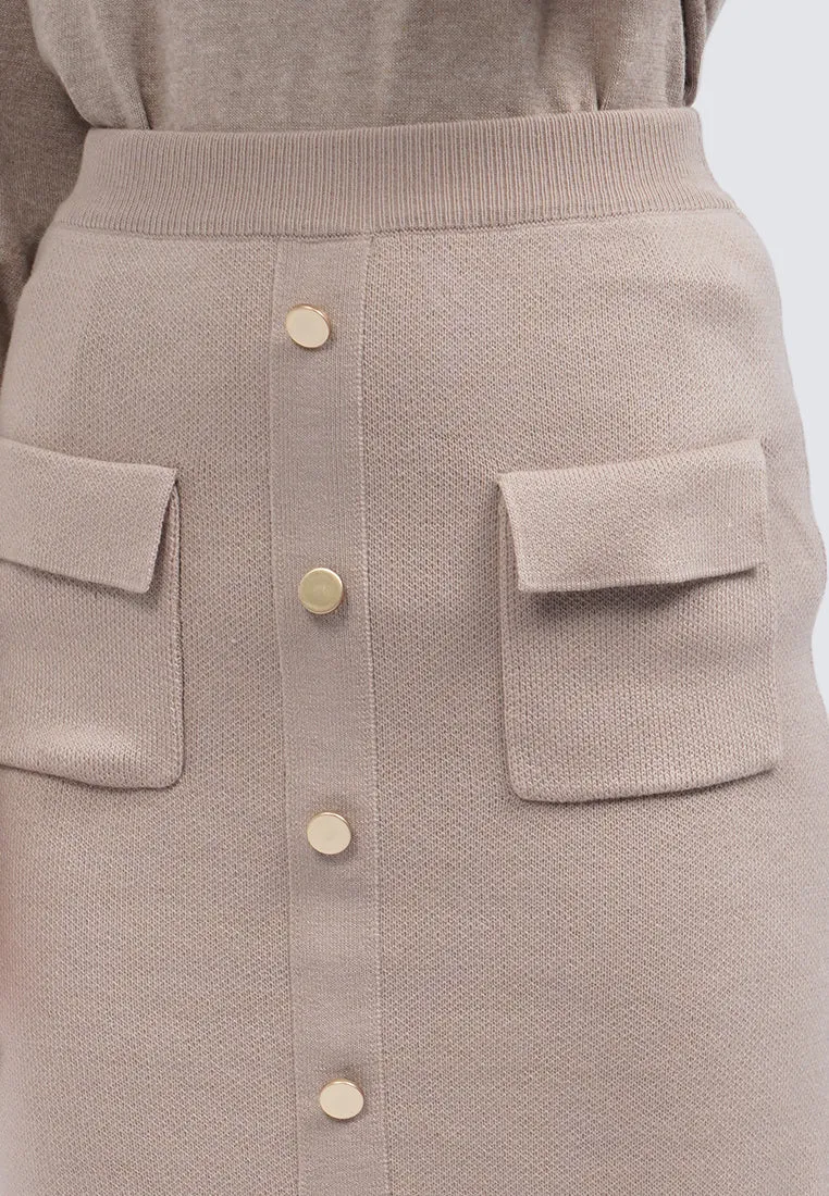 Buttoned Knit Midi Skirt