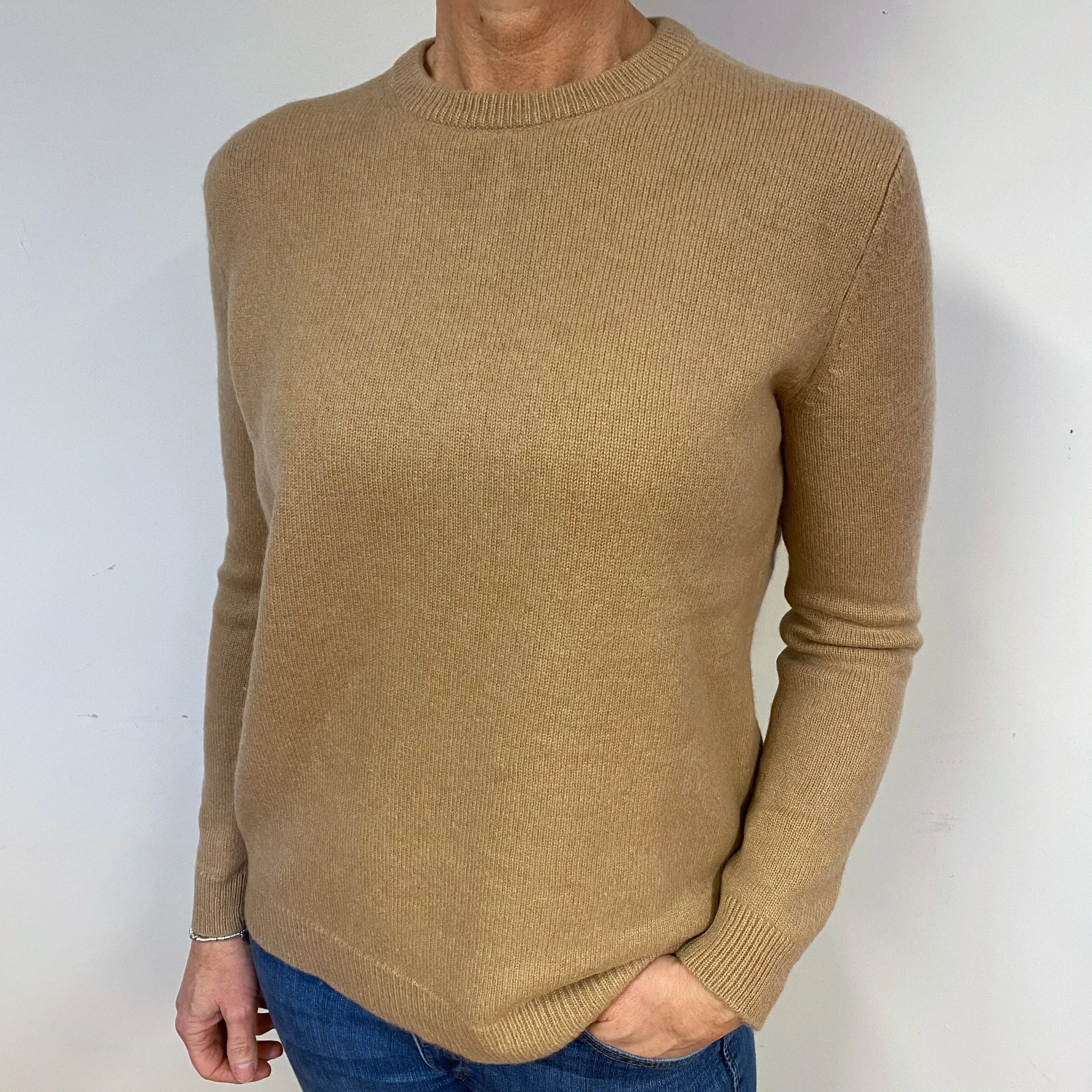 Camel Brown Cashmere Crew Neck Jumper Medium