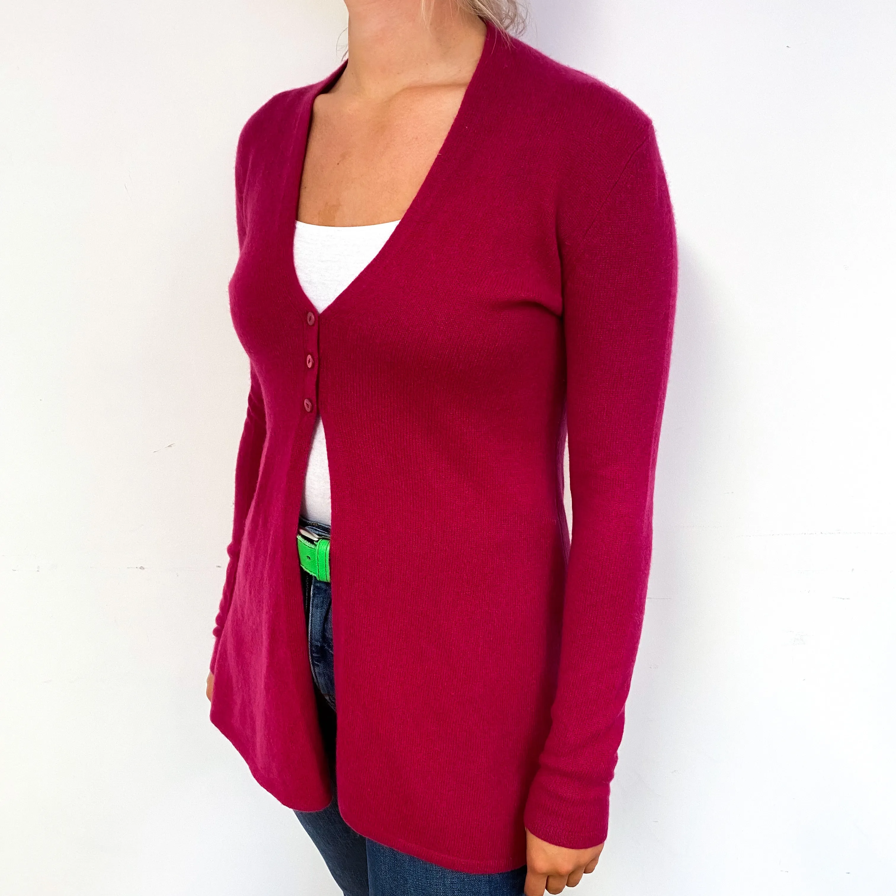 Cherry Pink Longline Cashmere V-Neck Cardigan Small