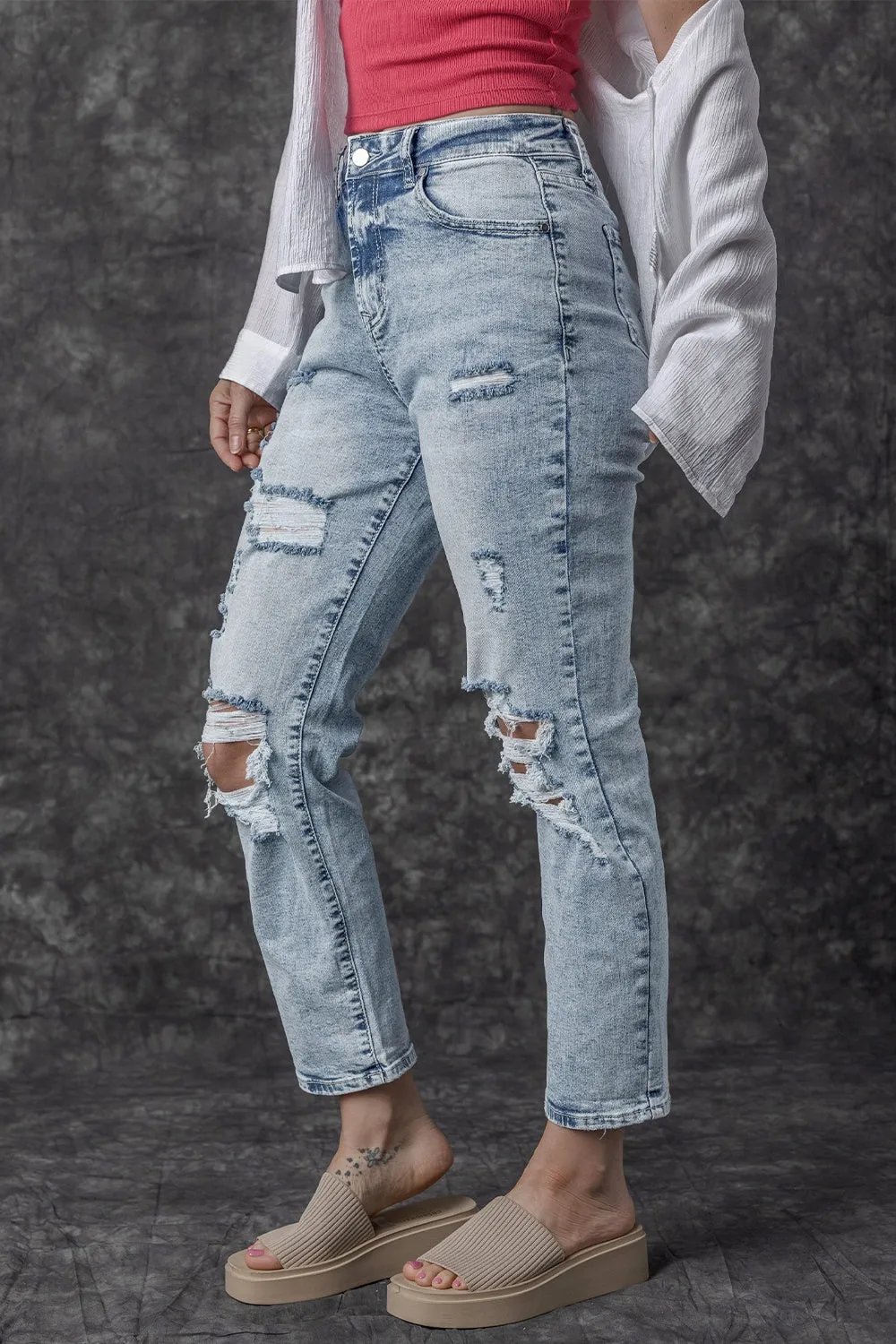 Chic High Waist Distressed Denim Pants