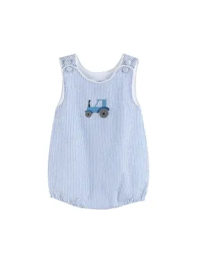 Dark Blue Tractor Seersucker Bubble Romper