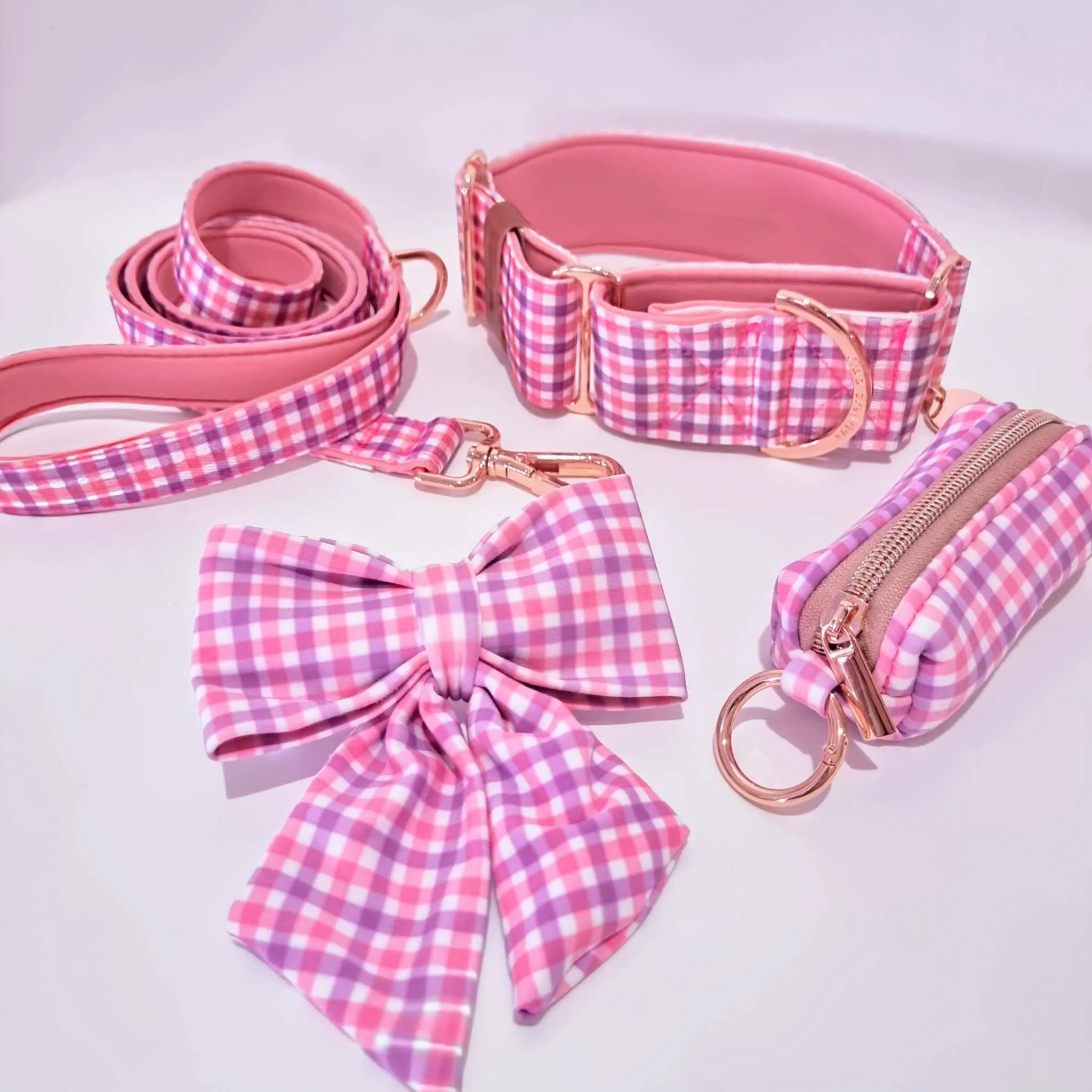 Dog Leash, Pink Purple Gingham - Neoprene Padded