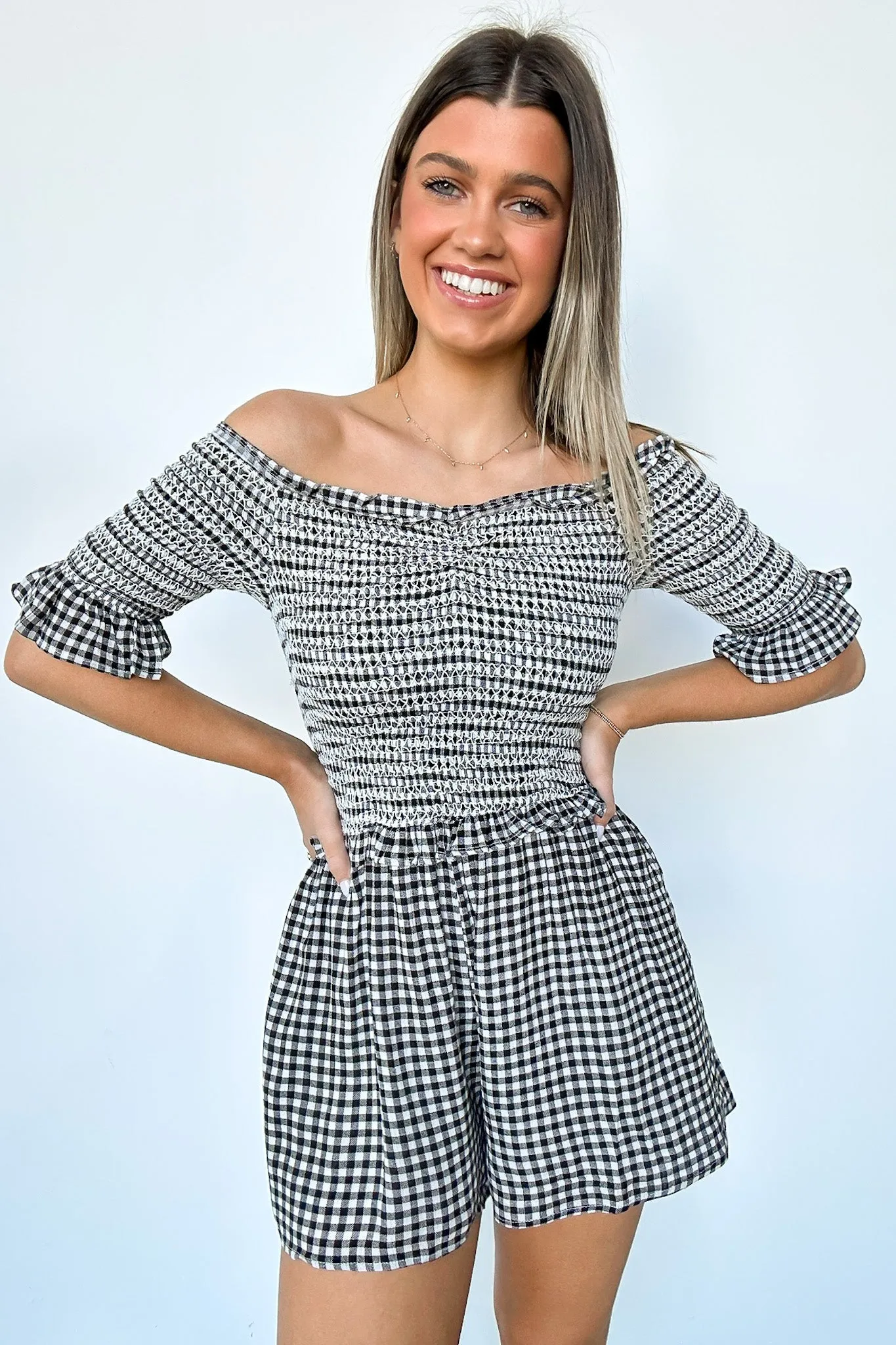 Dylan Off Shoulder Plaid Smocked Romper - FINAL SALE