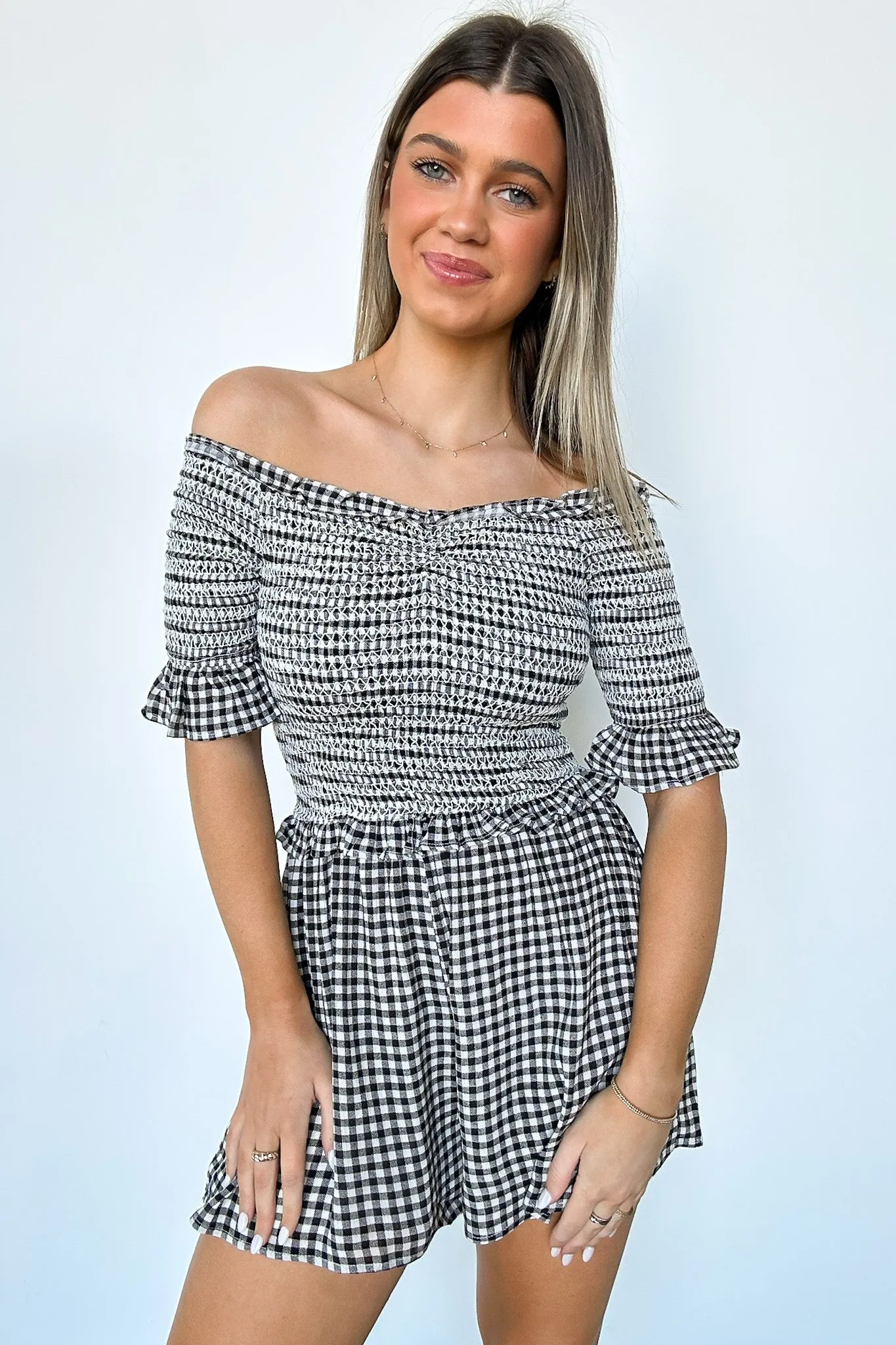 Dylan Off Shoulder Plaid Smocked Romper - FINAL SALE
