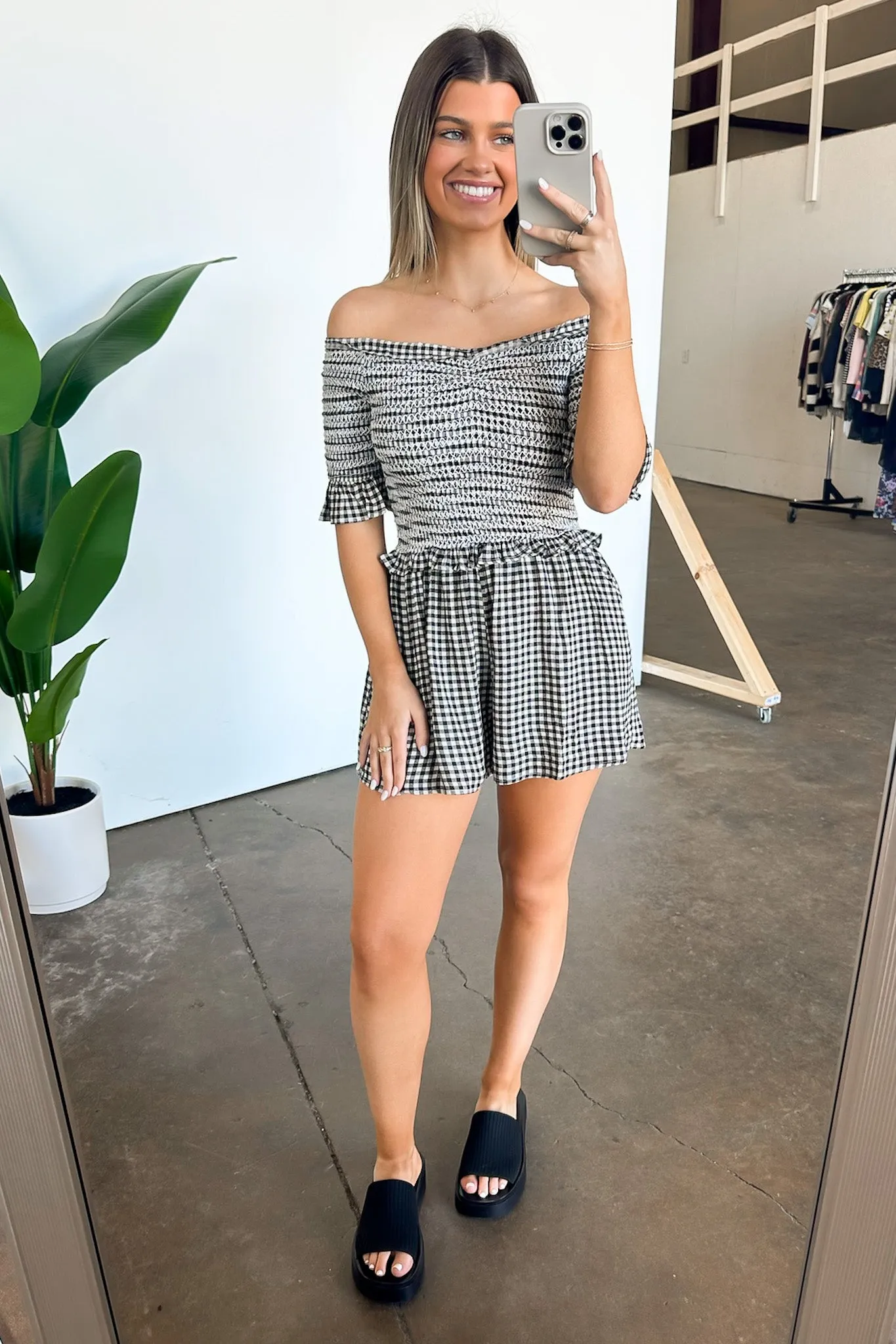 Dylan Off Shoulder Plaid Smocked Romper - FINAL SALE