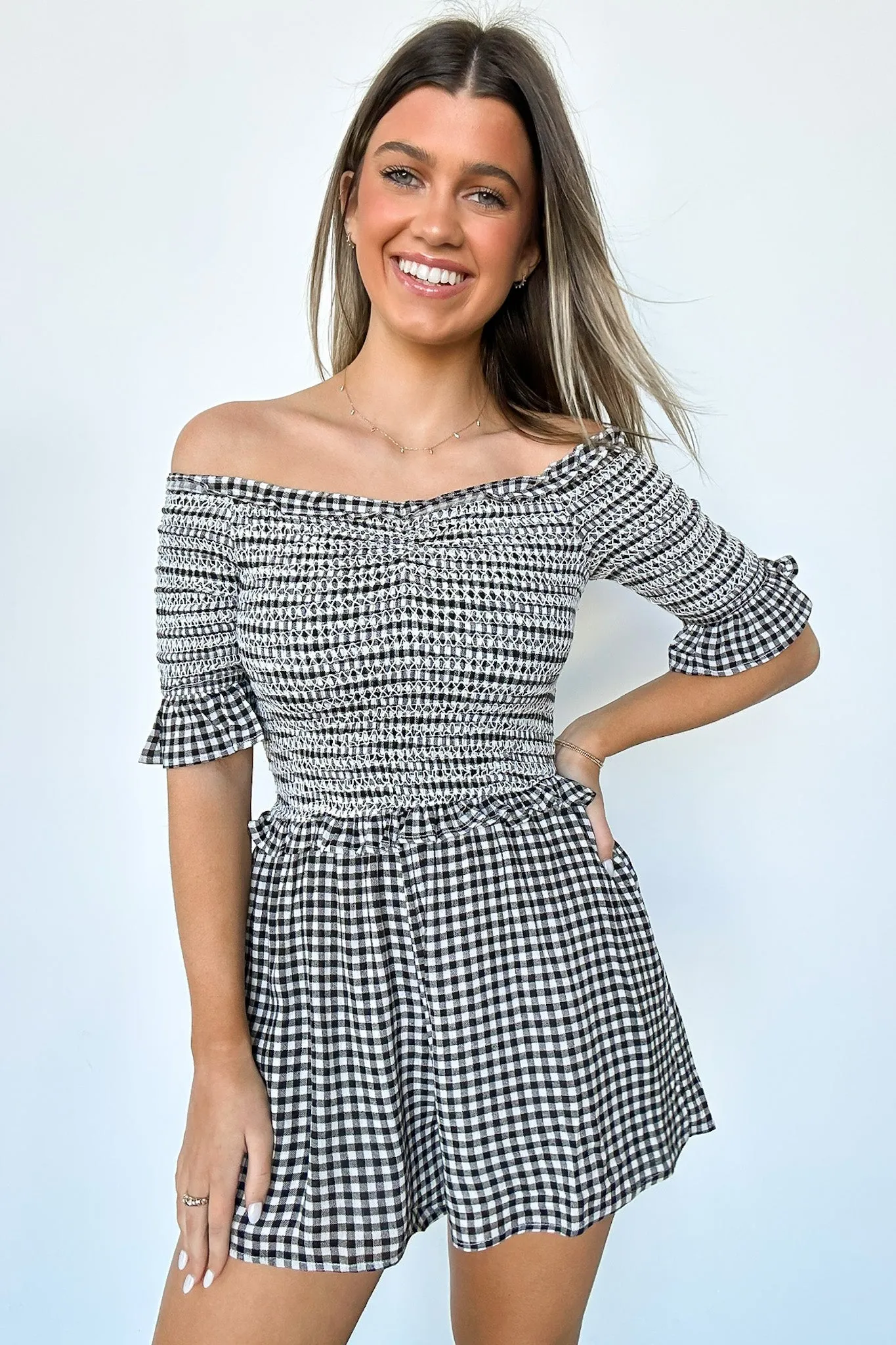 Dylan Off Shoulder Plaid Smocked Romper - FINAL SALE
