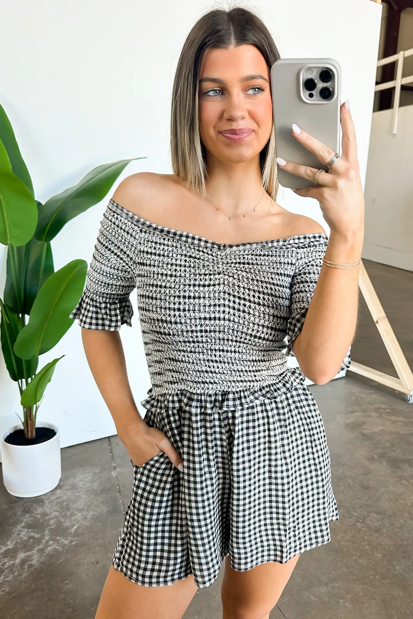Dylan Off Shoulder Plaid Smocked Romper - FINAL SALE