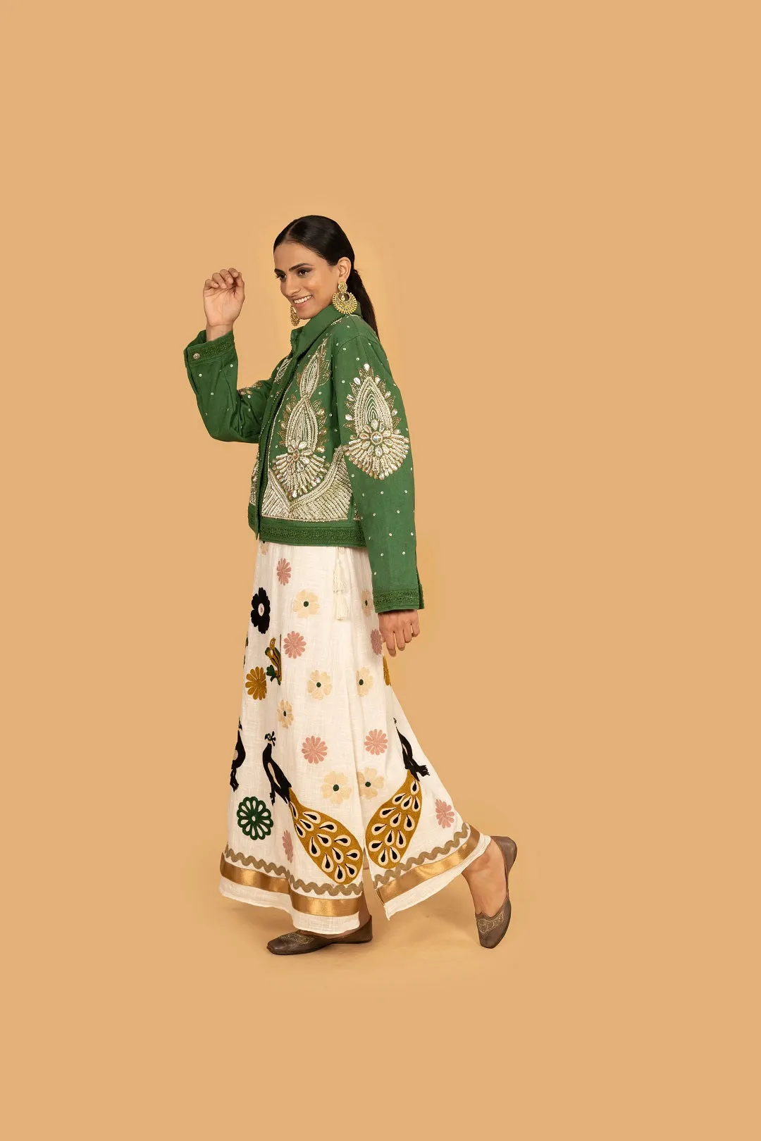 Embroidered Peacock Neutral Maxi Skirt