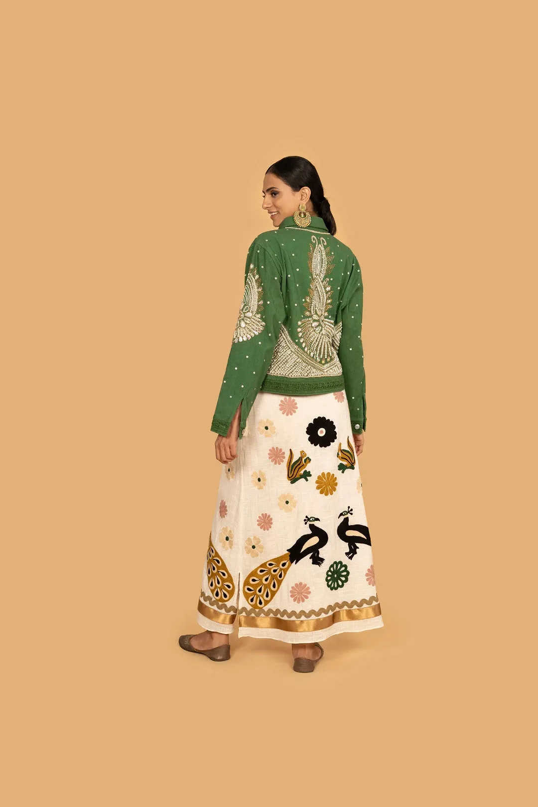Embroidered Peacock Neutral Maxi Skirt