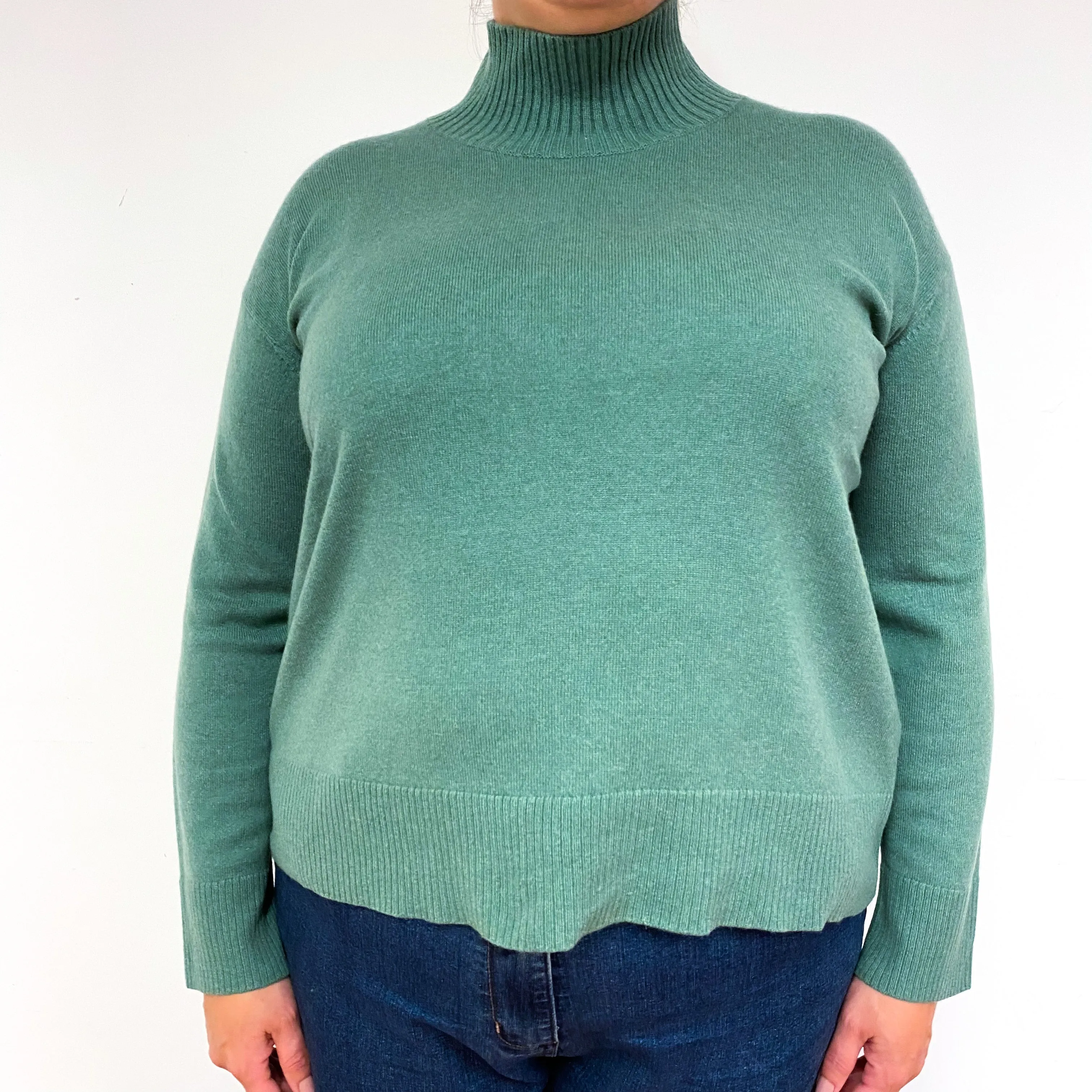 Estuary Green Cashmere Turtle Neck Jumper Extra Large