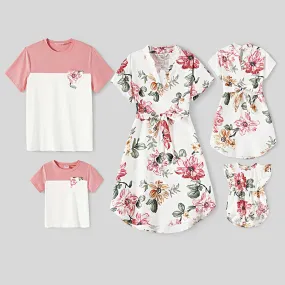 Family Matching Allover Floral Print Notched Neck Belted Dresses and Short-sleeve Colorblock T-shirts Sets