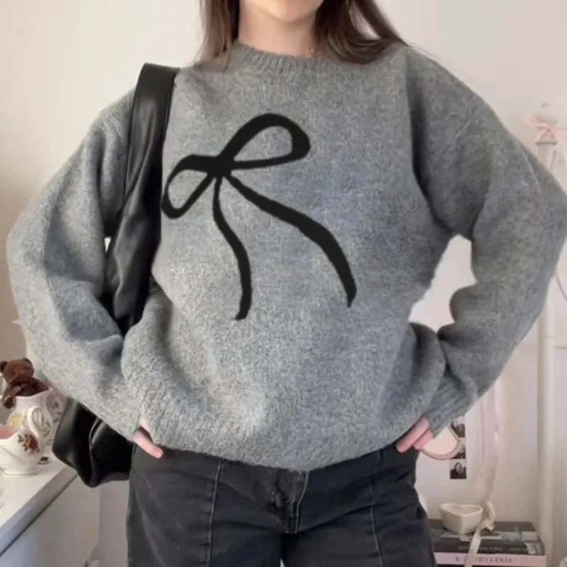 Fashion Bow Pattern Loose Autumn Sweater for Women Round Neck Knitted Pullover Casual Winter Jumpers Korean Cute Tops