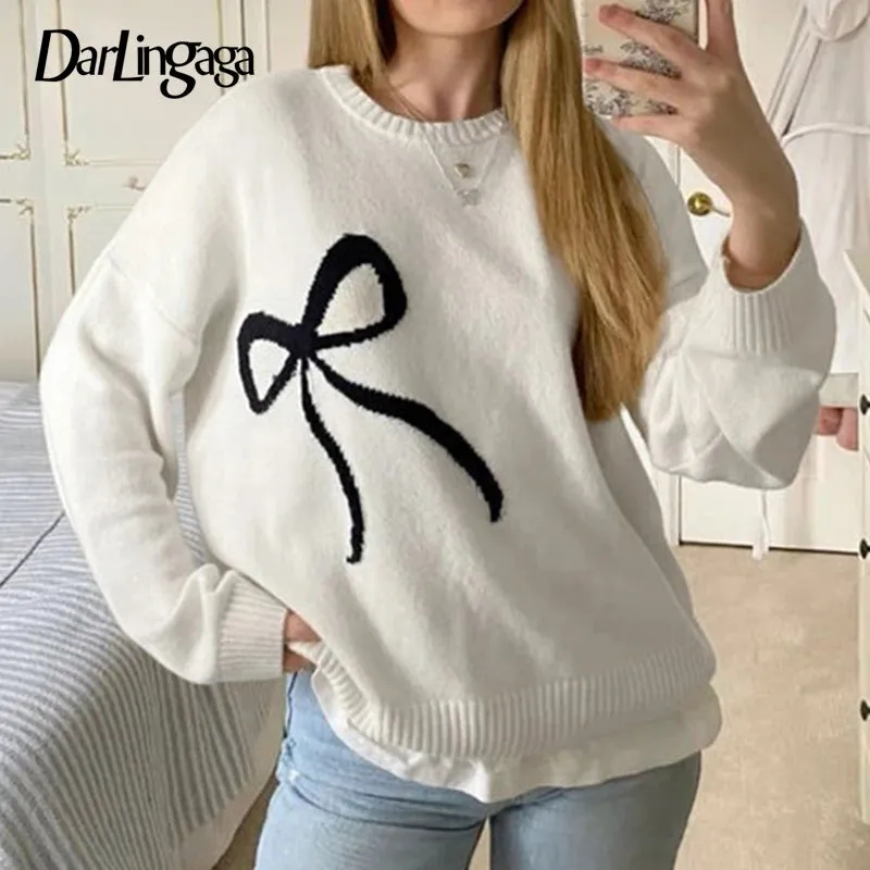 Fashion Bow Pattern Loose Autumn Sweater for Women Round Neck Knitted Pullover Casual Winter Jumpers Korean Cute Tops