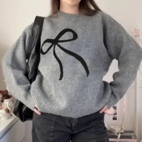 Fashion Bow Pattern Loose Autumn Sweater for Women Round Neck Knitted Pullover Casual Winter Jumpers Korean Cute Tops