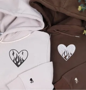 Fire and Water Heart Embroidered Matching Hoodies - Custom Embroidered Matching Couple Hoodies