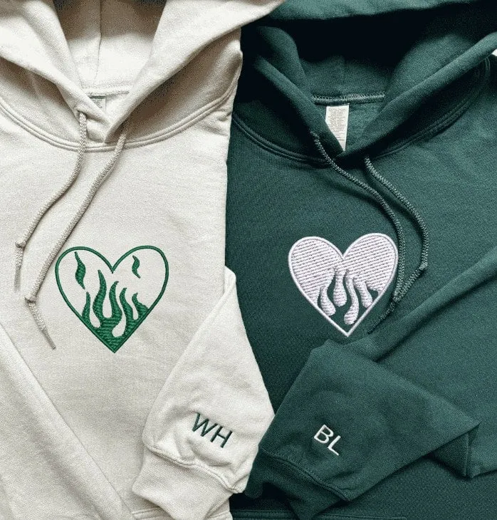 Fire and Water Heart Embroidered Matching Hoodies - Custom Embroidered Matching Couple Hoodies