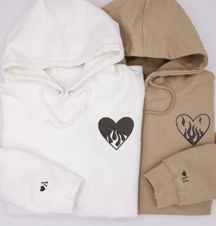 Fire and Water Heart Embroidered Matching Hoodies - Custom Embroidered Matching Couple Hoodies