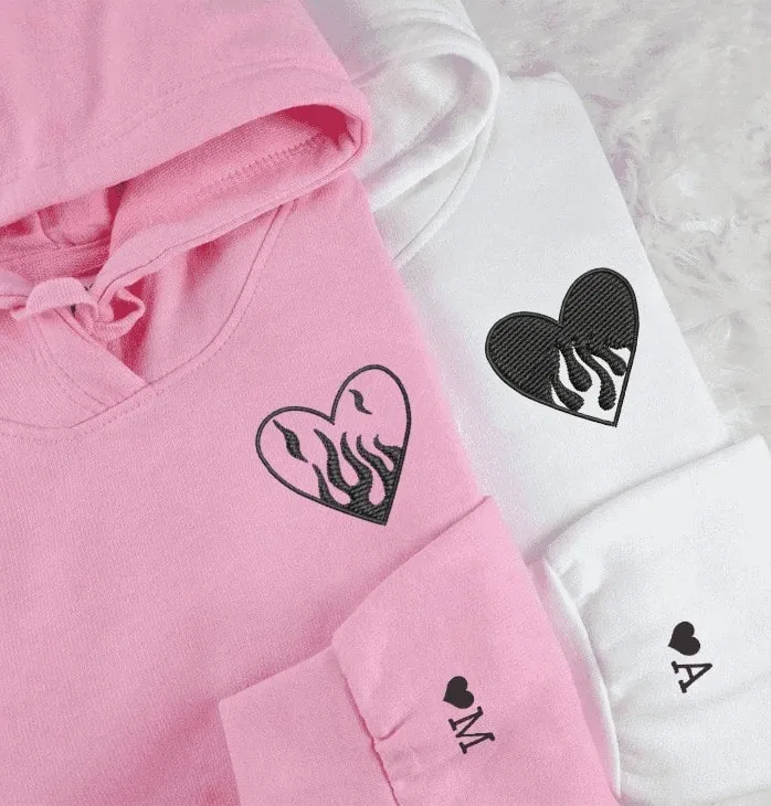 Fire and Water Heart Embroidered Matching Hoodies - Custom Embroidered Matching Couple Hoodies