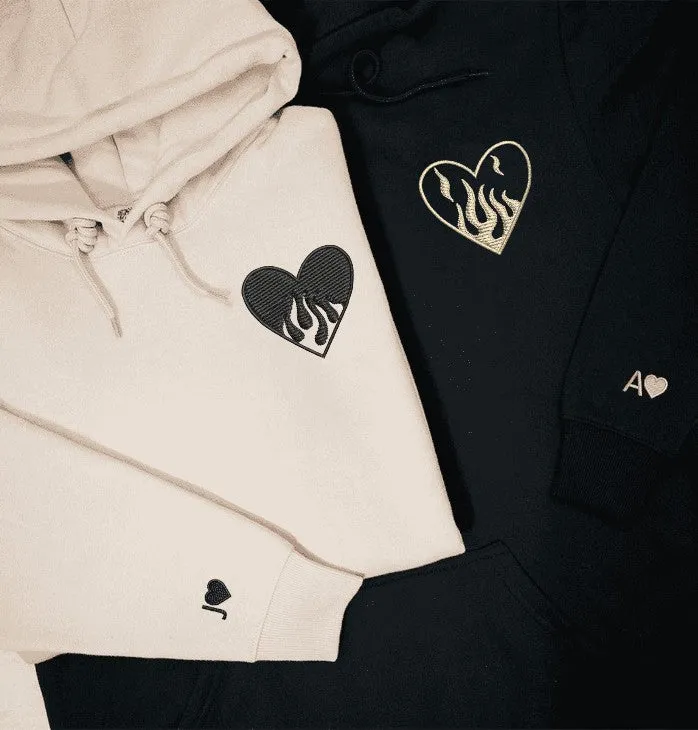 Fire and Water Heart Embroidered Matching Hoodies - Custom Embroidered Matching Couple Hoodies