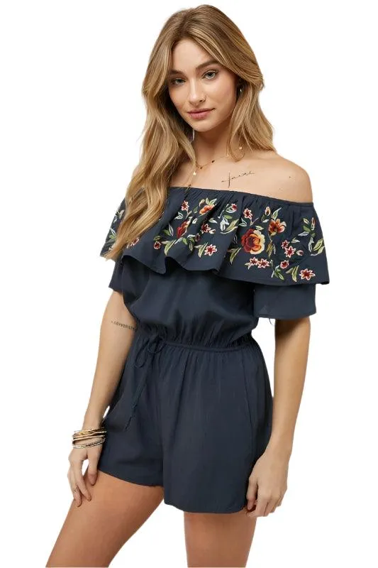 Floral Embroidered Off Shoulder Romper
