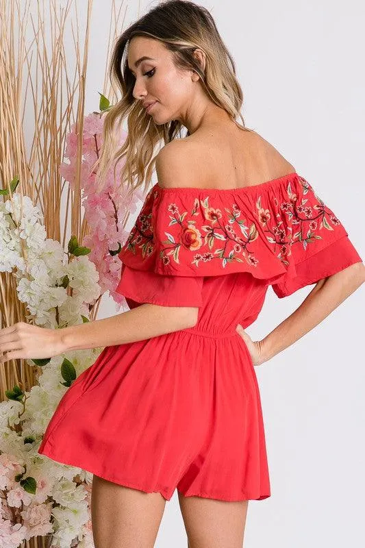 Floral Embroidered Off Shoulder Romper