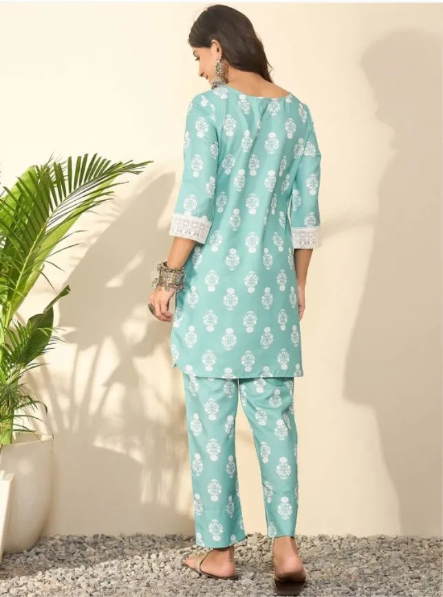 Floral Printed Lace Inserts Straight Kurti With Trousers