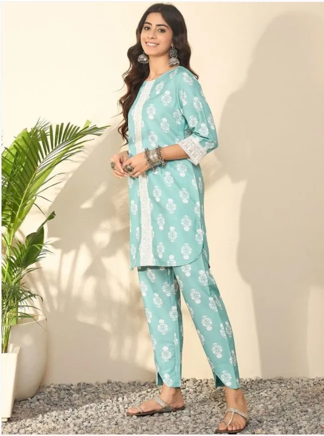 Floral Printed Lace Inserts Straight Kurti With Trousers
