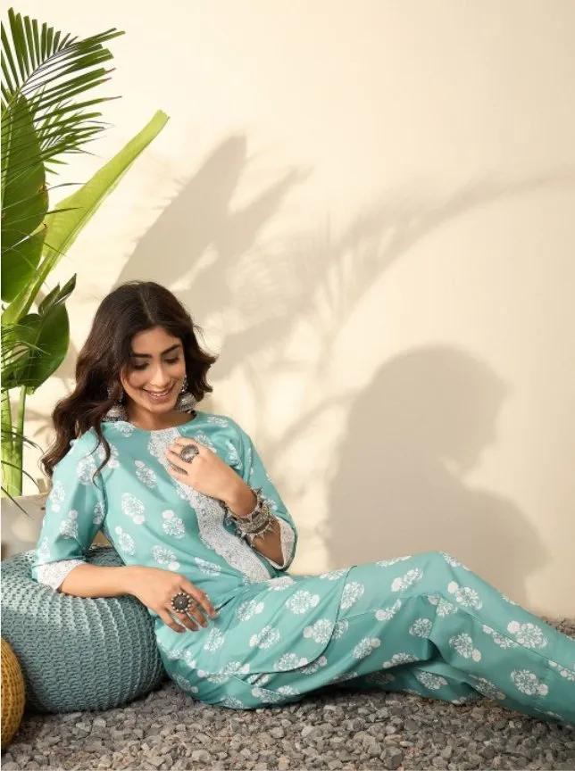 Floral Printed Lace Inserts Straight Kurti With Trousers