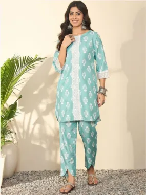 Floral Printed Lace Inserts Straight Kurti With Trousers