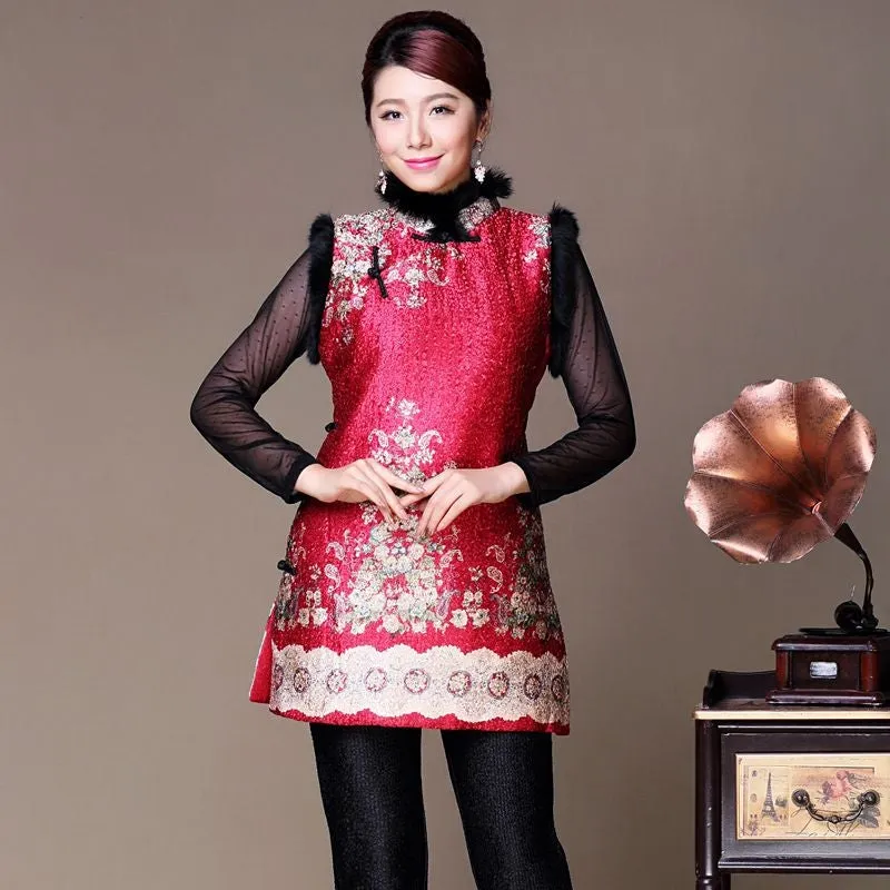 Fur Collar & Cuff Silk & Linen Chinese Style Floral Women's Vest