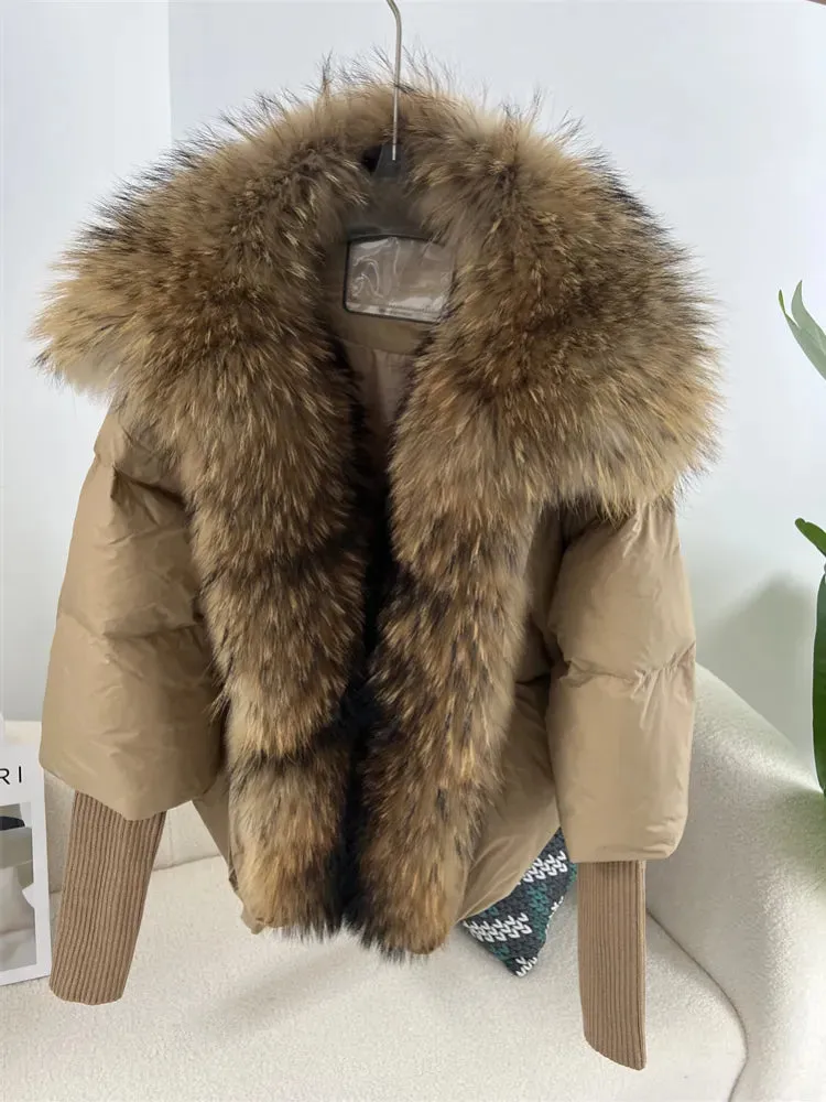 Fur Collar Knit Sleeve Duck Down Jacket