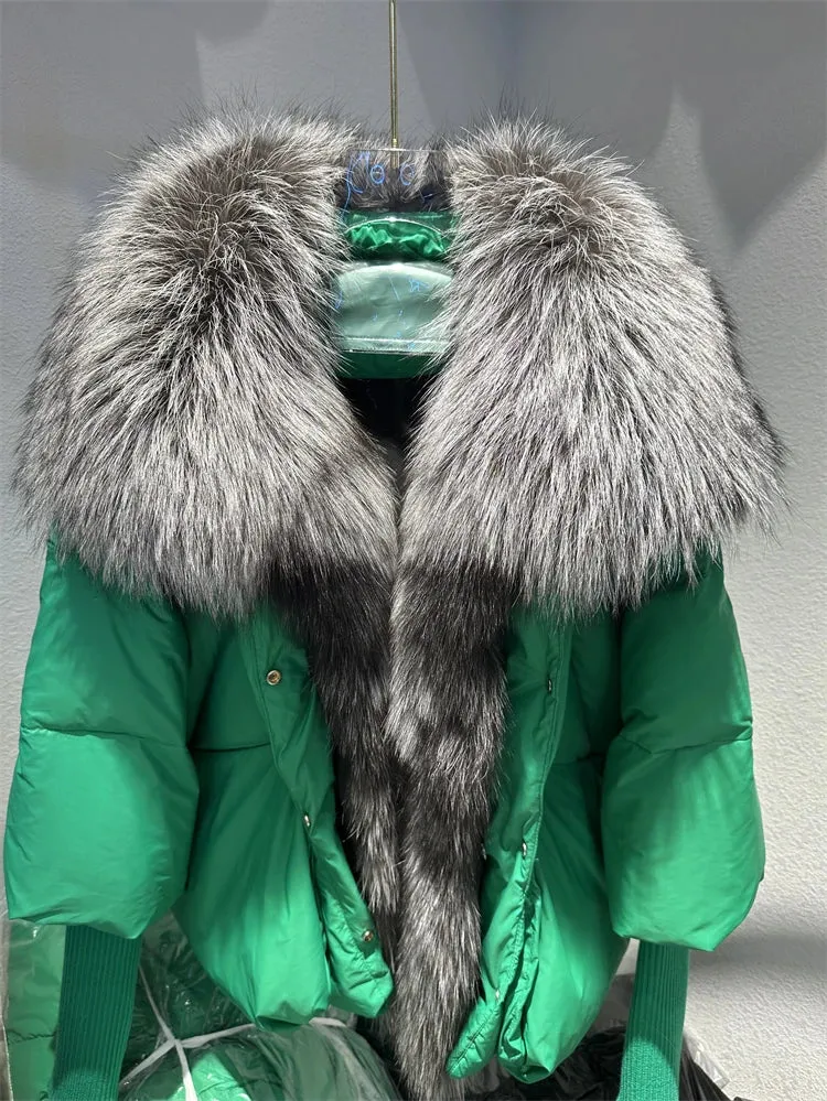 Fur Collar Knit Sleeve Duck Down Jacket