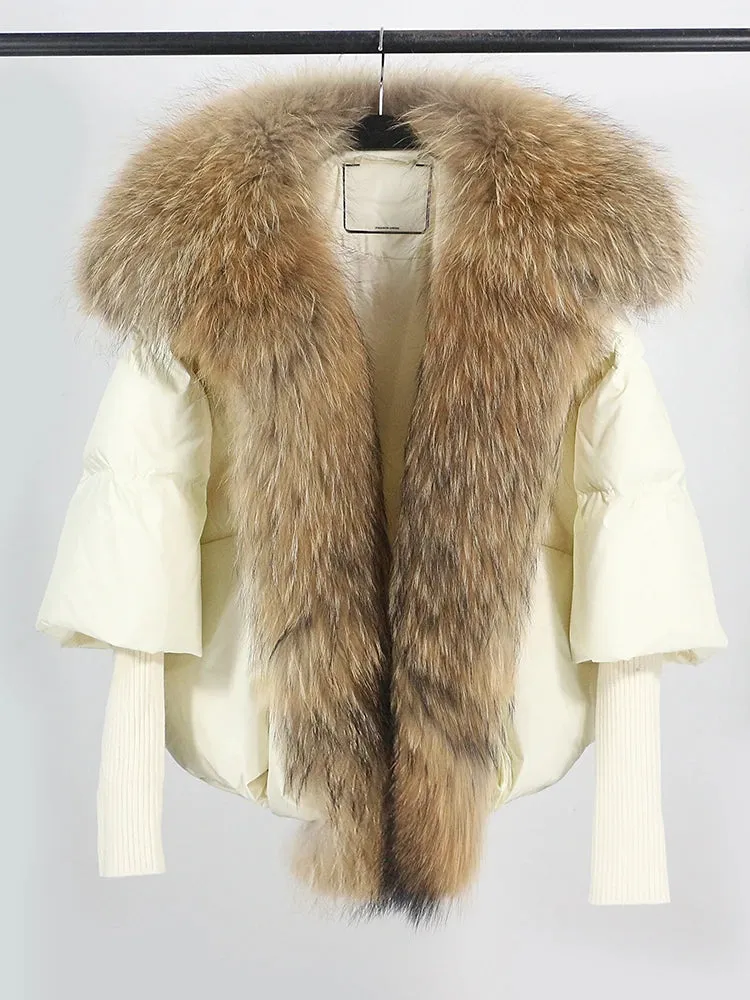 Fur Collar Knit Sleeve Duck Down Jacket