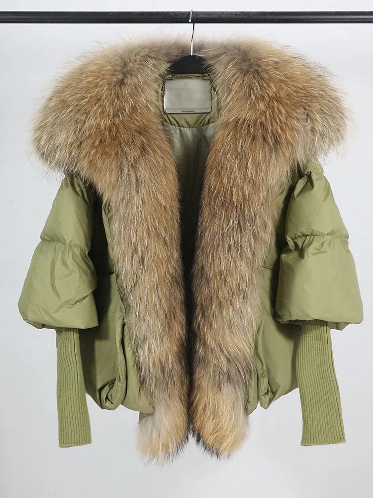 Fur Collar Knit Sleeve Duck Down Jacket