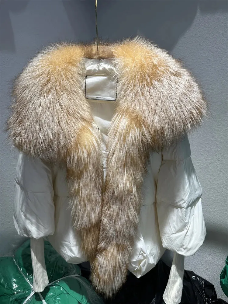 Fur Collar Knit Sleeve Duck Down Jacket