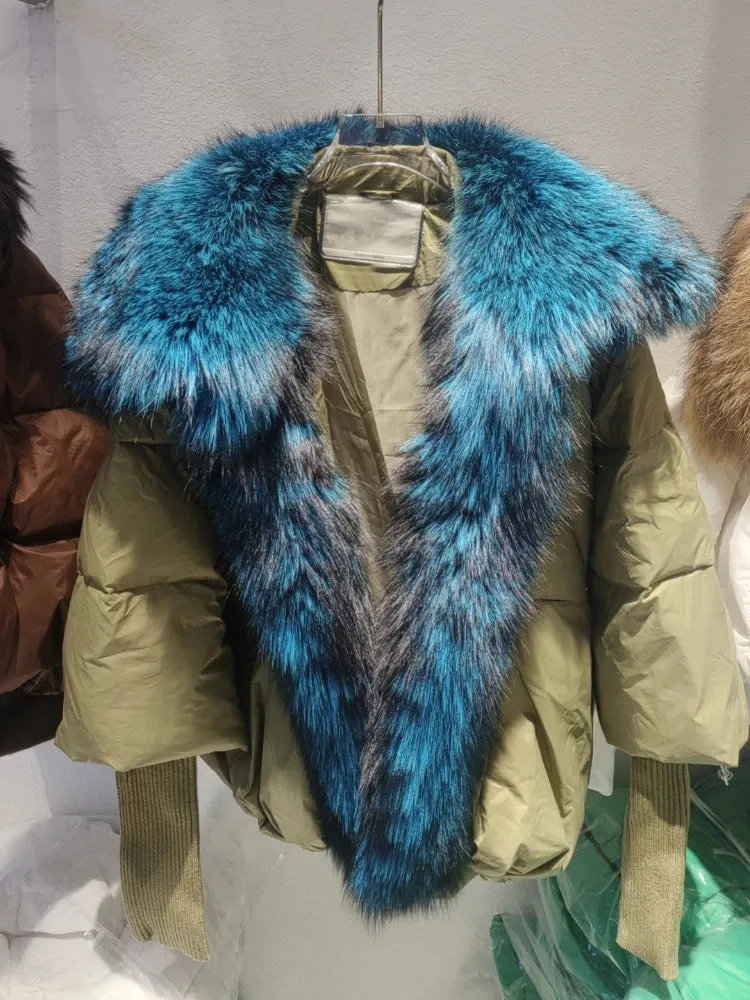 Fur Collar Knit Sleeve Duck Down Jacket