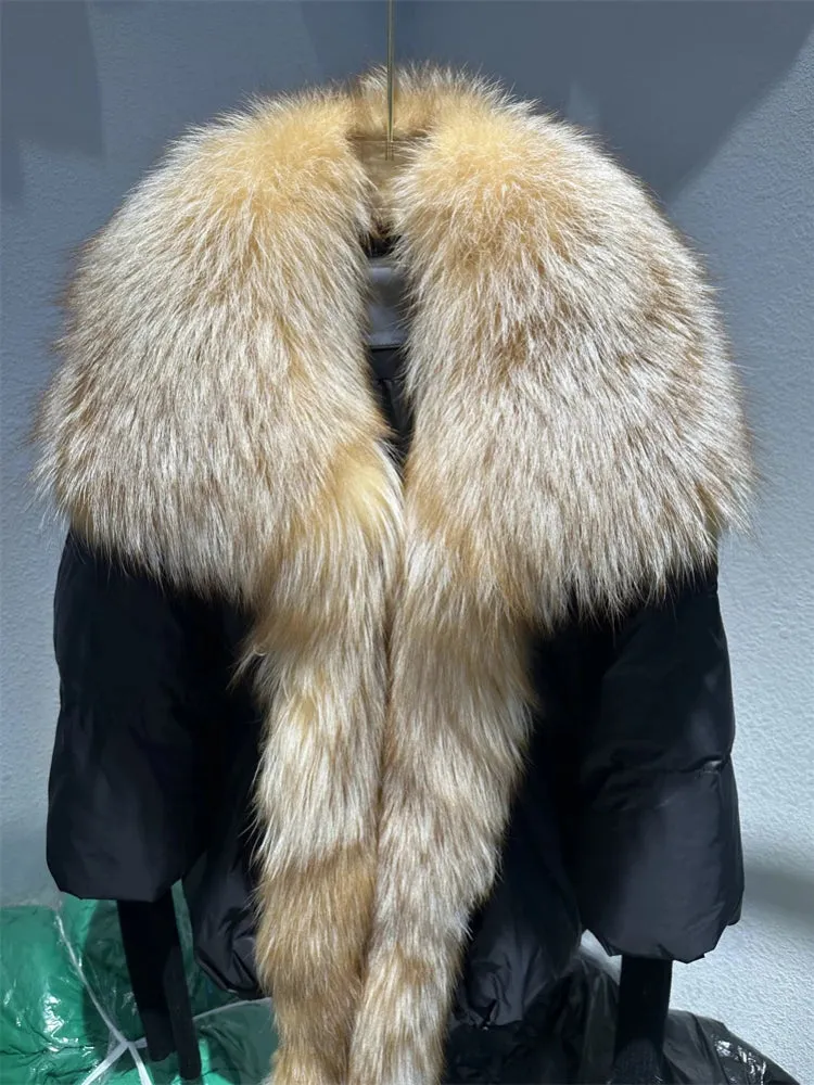 Fur Collar Knit Sleeve Duck Down Jacket
