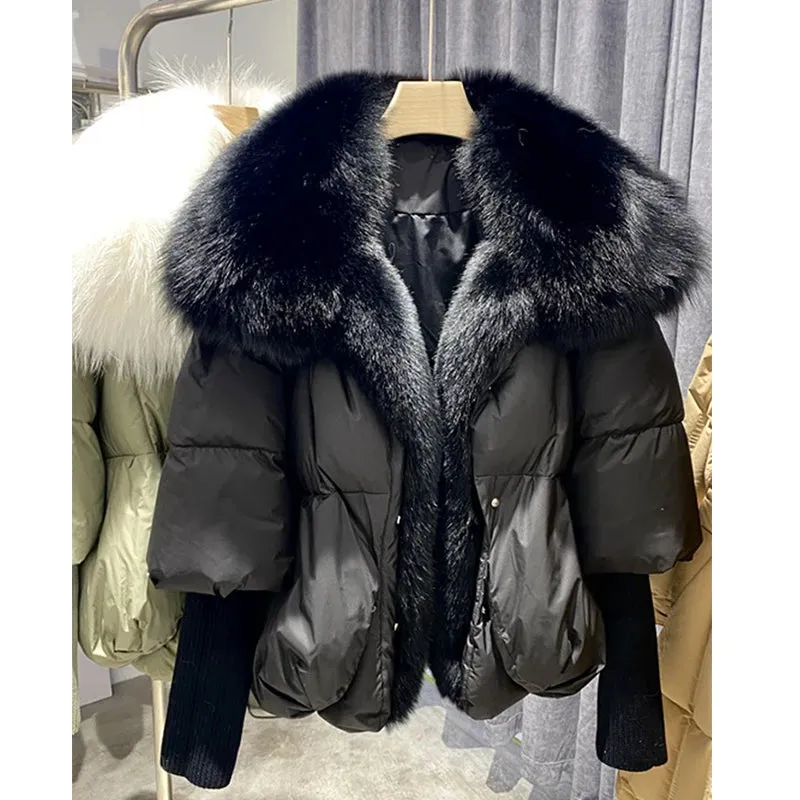 Fur Collar Knit Sleeve Duck Down Jacket