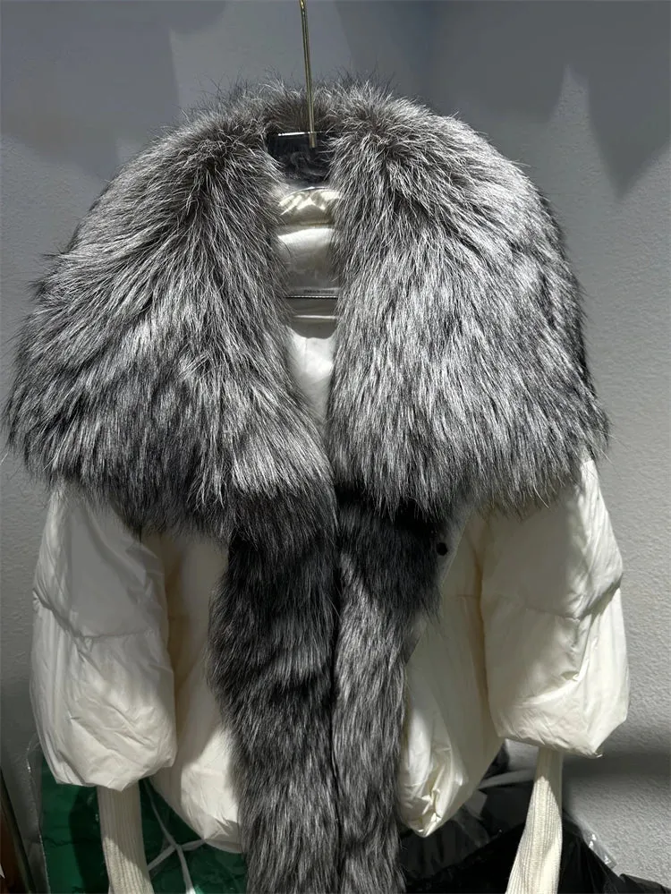 Fur Collar Knit Sleeve Duck Down Jacket