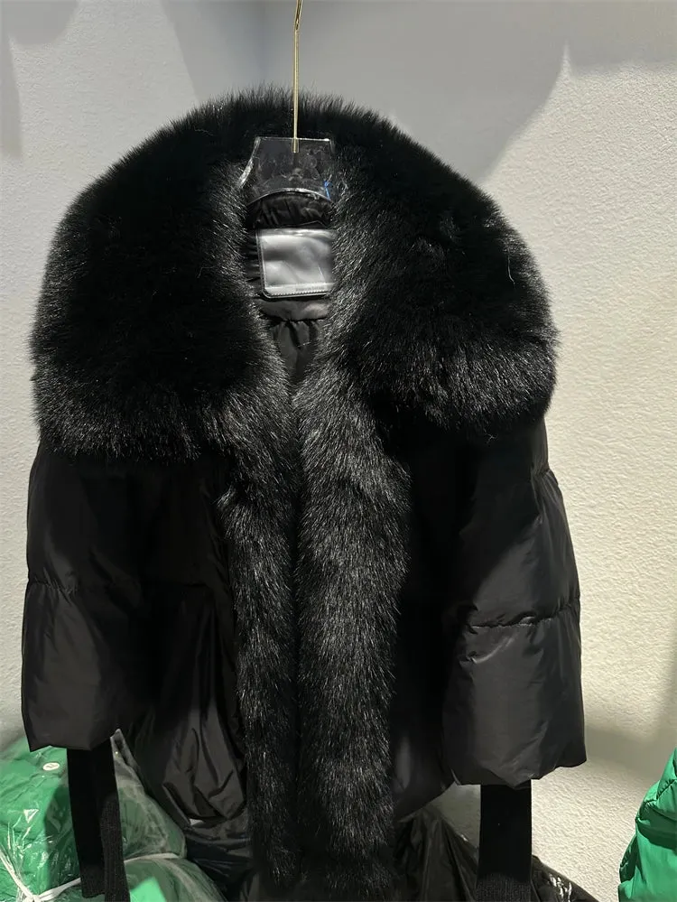 Fur Collar Knit Sleeve Duck Down Jacket