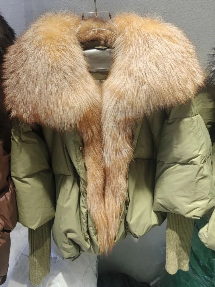 Fur Collar Knit Sleeve Duck Down Jacket
