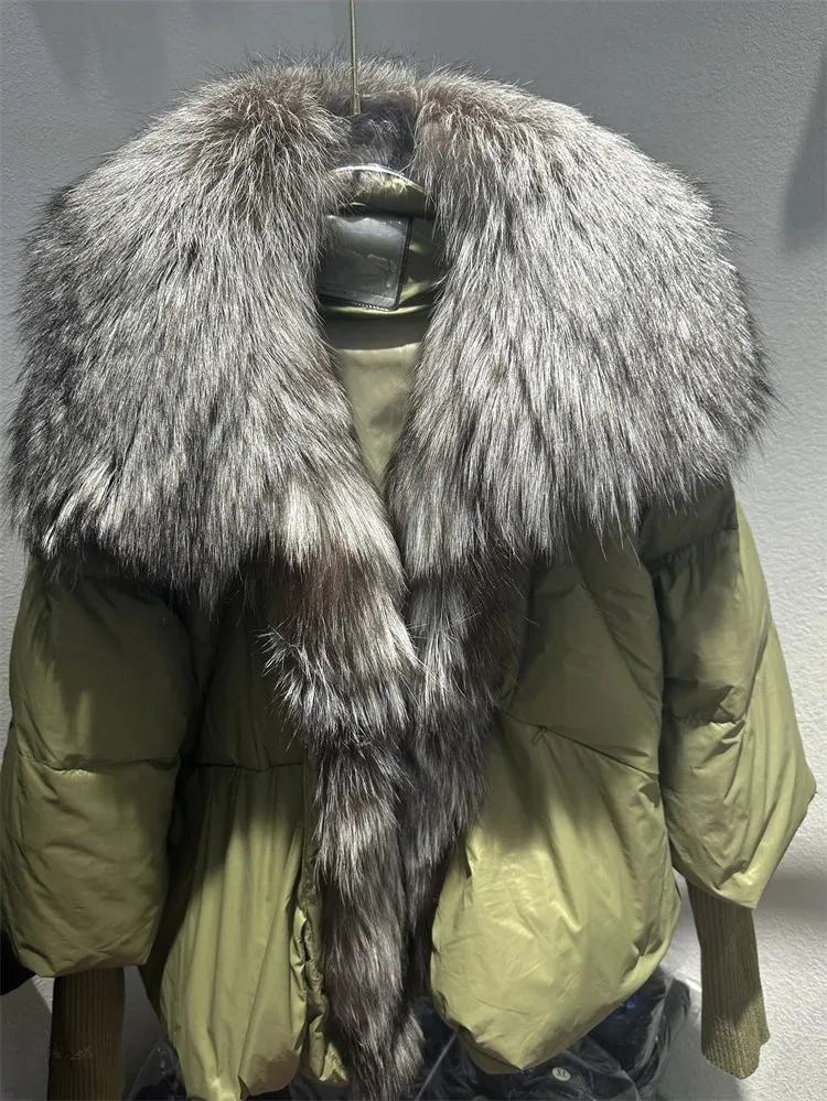 Fur Collar Knit Sleeve Duck Down Jacket