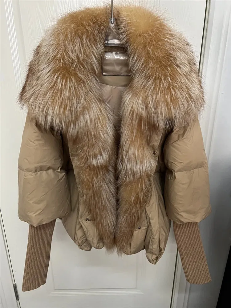 Fur Collar Knit Sleeve Duck Down Jacket