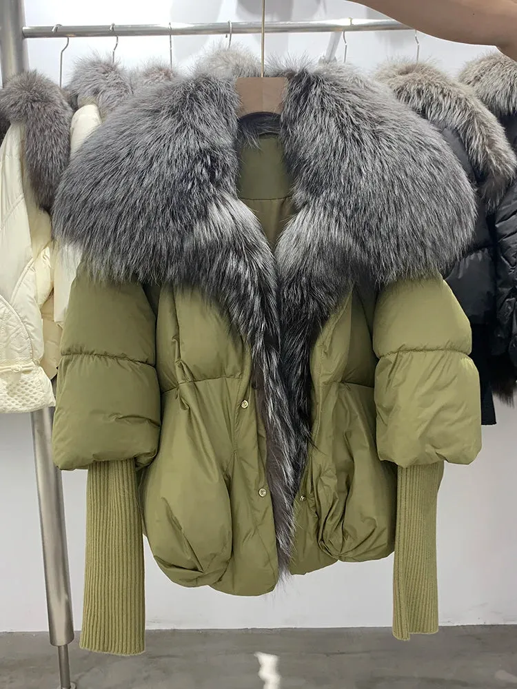 Fur Collar Knit Sleeve Duck Down Jacket